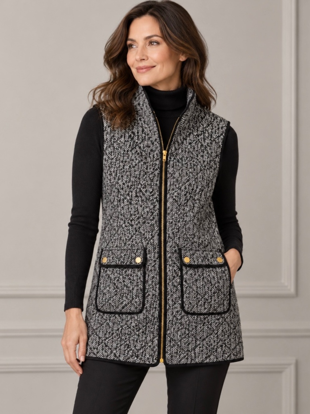 Catherine Malandrino XL Quilted Herringbone Vest Black White Gilet Coat Gold Zip